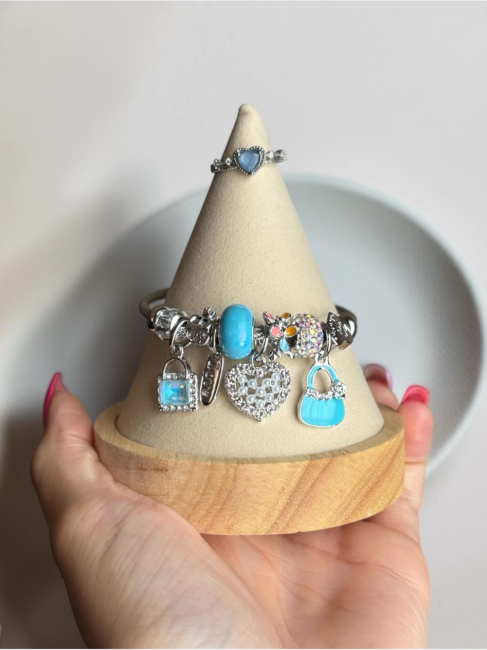 Silver & Tiffany Blue Charm Bracelet with Ring